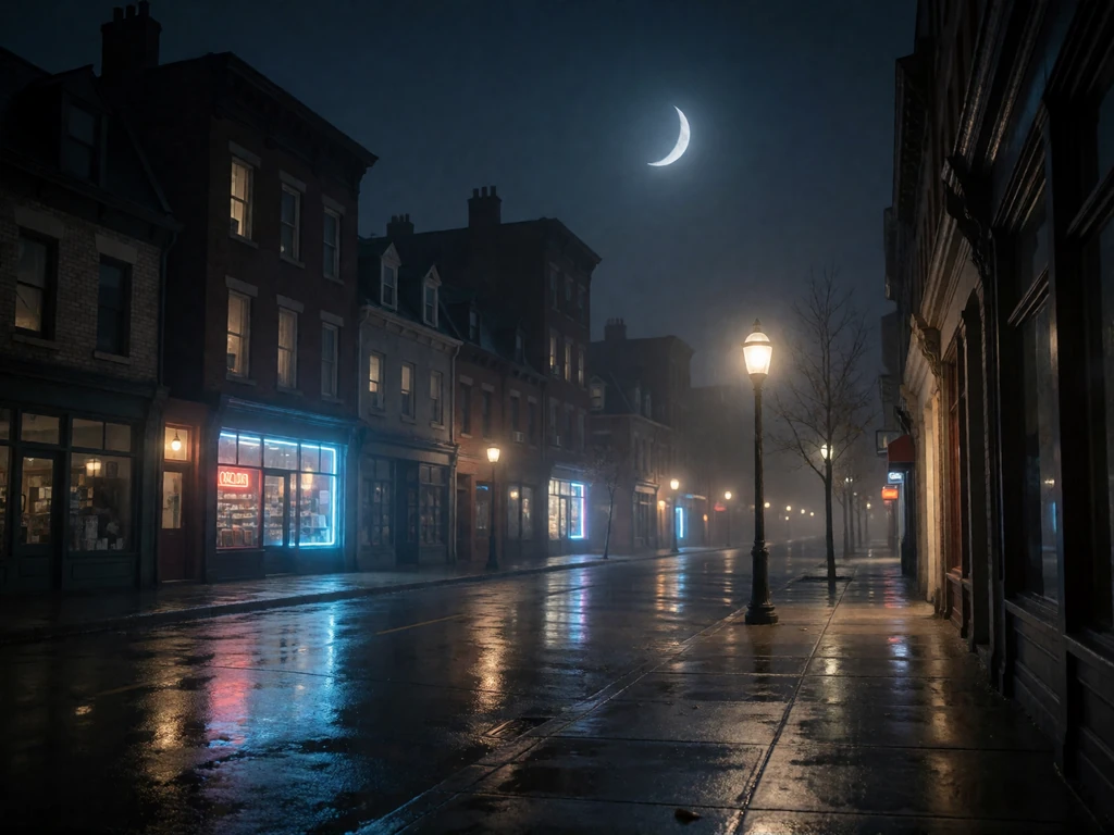 Calm night city street with soft neon blue and amber reflections on wet pavement, evoking LunaMeet's safe online dating atmosphere
