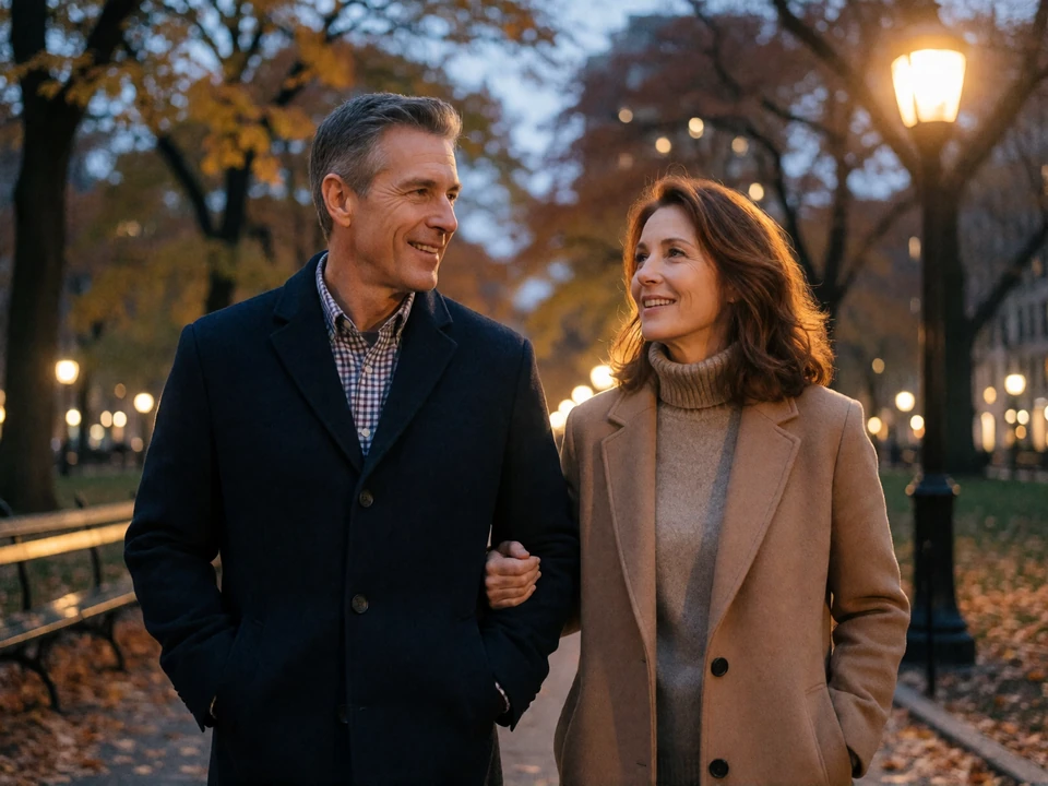 Mature couple in their fifties walking through a city park at twilight, illustrating meaningful connections on LunaMeet