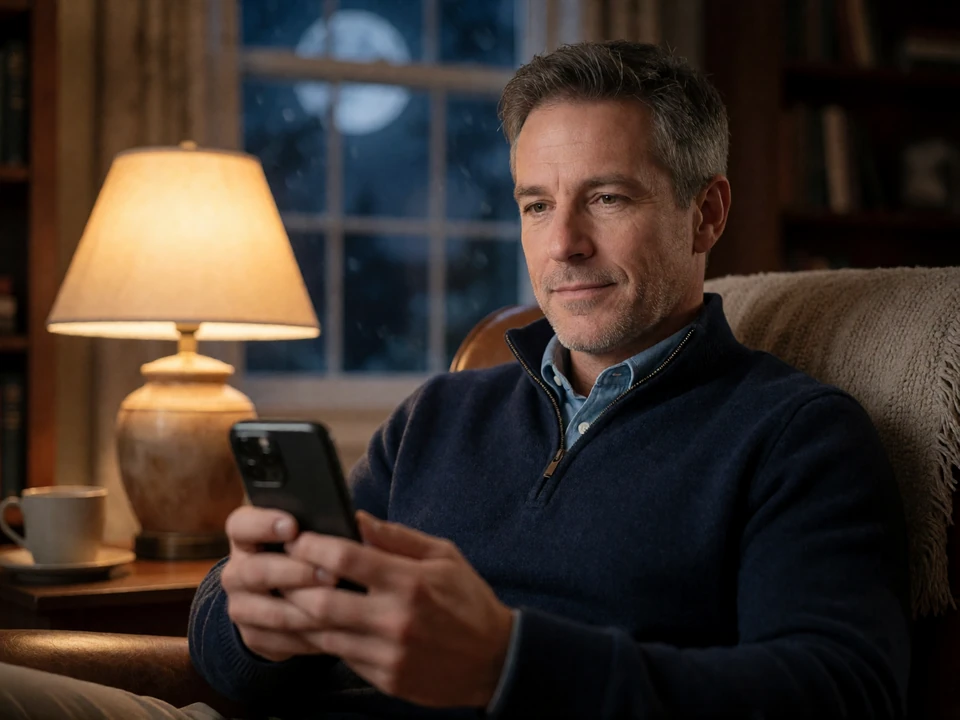 Mature man in his fifties securely holding his smartphone at home, using LunaMeet's dating app privacy controls with confidence