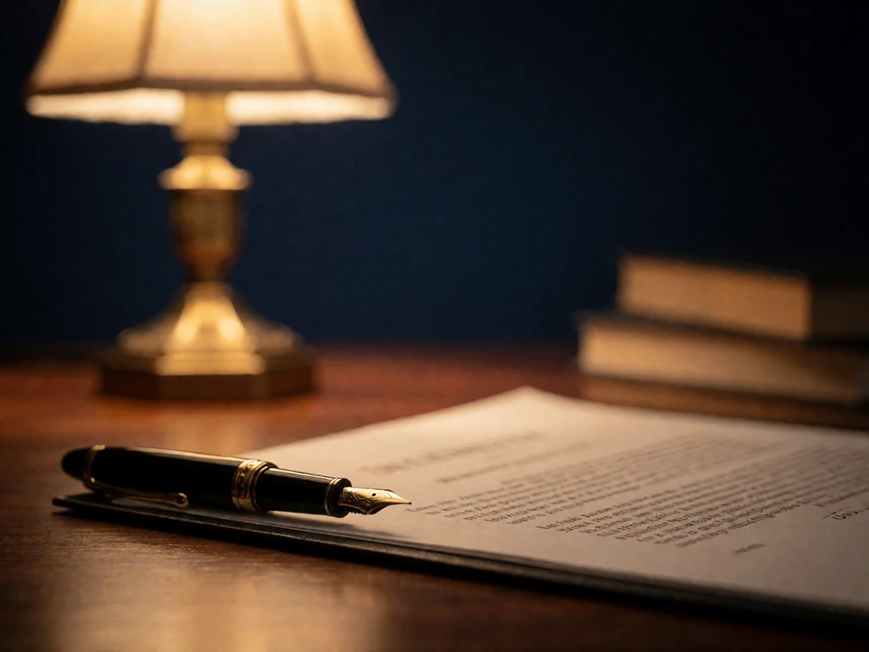 Legal document and fountain pen on a wooden desk, representing LunaMeet's transparent safety disclaimers and terms of use