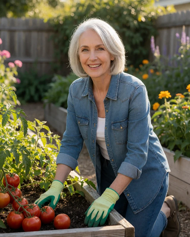 Verified LunaMeet member Eleanor, 62, a silver-haired woman gardening in her Savannah backyard