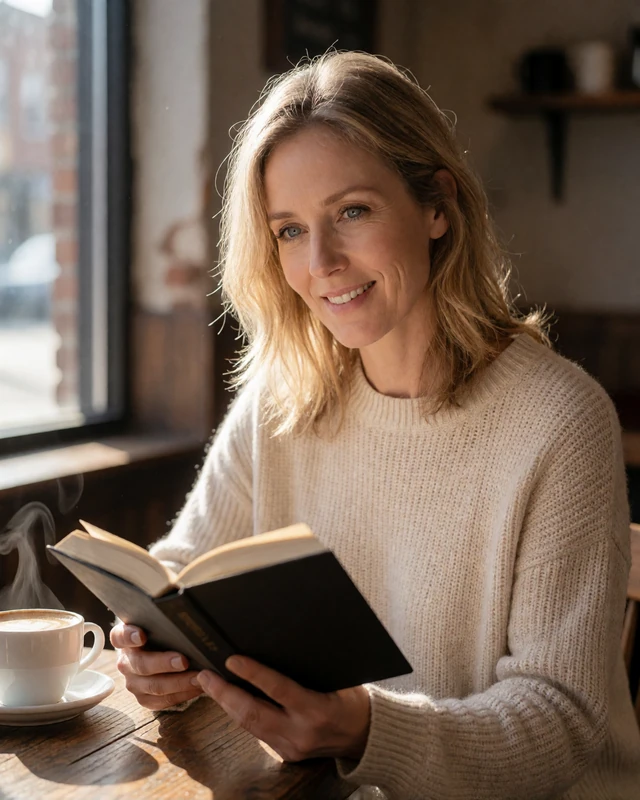 Verified LunaMeet member Margaret, 55, a blonde woman reading a novel in a Portland coffee shop