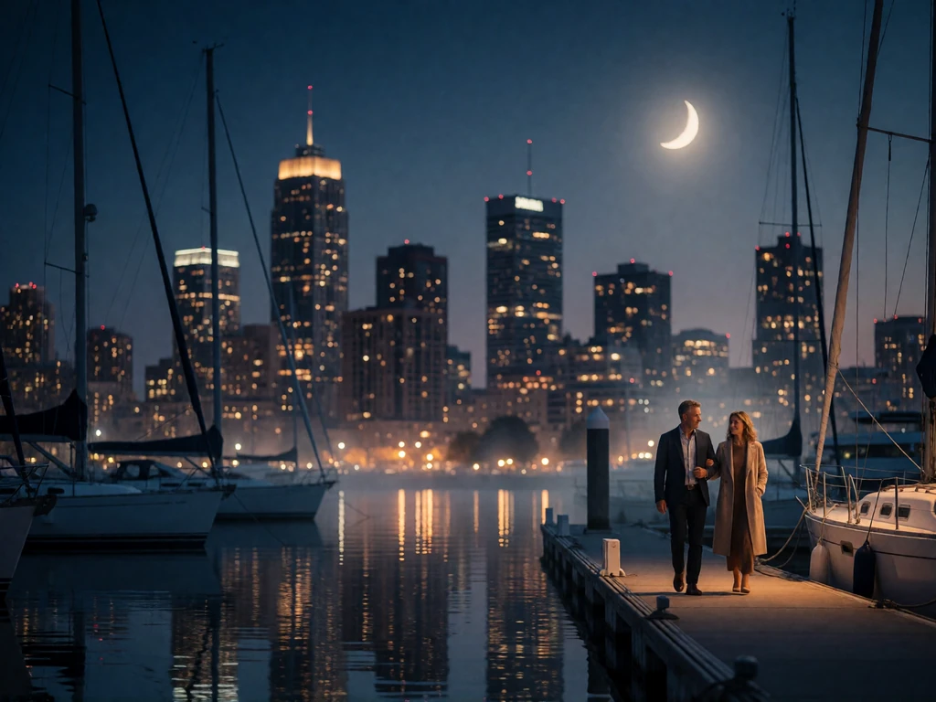 Dusk skyline over a marina with a mature couple walking along the dock, evoking LunaMeet's safe dating platform atmosphere